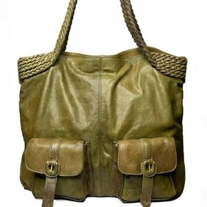 Hobo International Bodega Bay Travel Braided Handle Olive Green Leather Tote Bag
